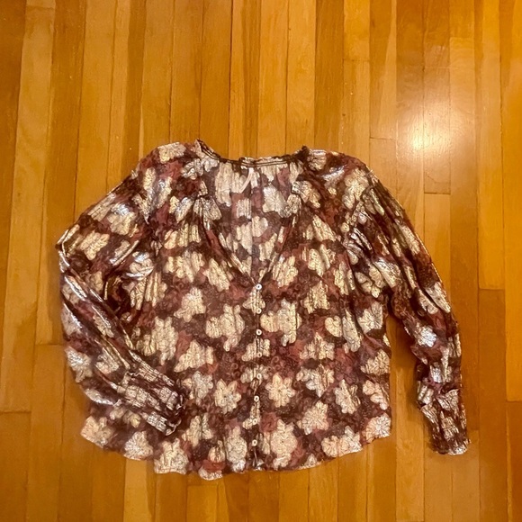 FREE PEOPLE Sheer bohemian oversized floral blouse size small gold Anthropology - Picture 6 of 11